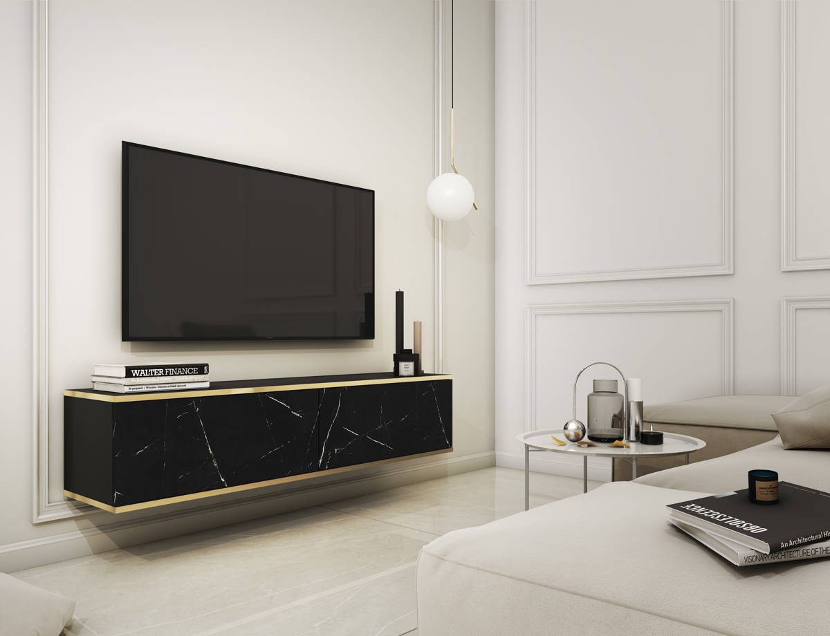 Meuble TV suspendu 135 cm SIMETO noir marbré avec façade lisse