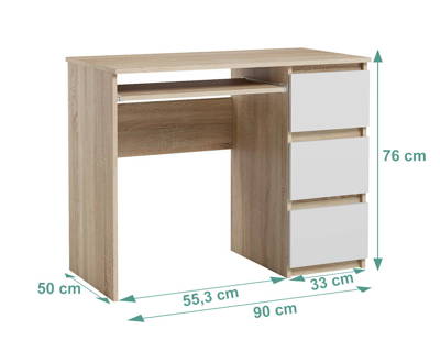Bureau informatique avec 3 tiroirs Heini chêne sonoma et blanc mat 76 x 90 x 50 cm 