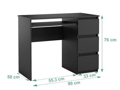 Bureau informatique avec 3 tiroirs Heini noir mat 76 x 90 x 50 cm 