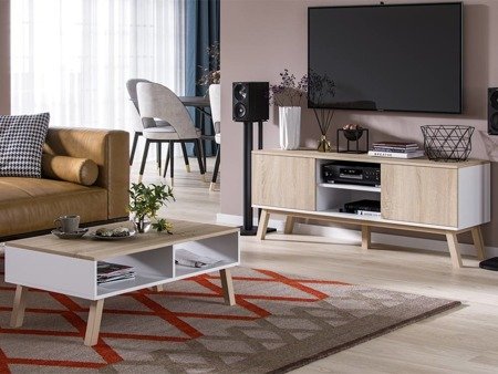 Meuble TV avec rangement Clyde blanc mat et chêne sonoma 140 x 40 x 56 cm
