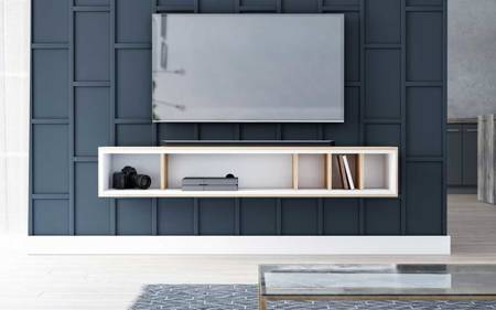 Meuble TV design Tasia blanc mat et chêne craft or 153 x 35 x 25 cm