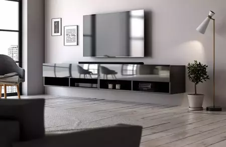 Meuble TV suspendu Gran 200 noir mat et noir brillant 200 x 31 x 32,8 cm