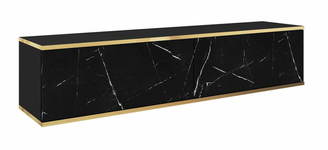 Meuble TV suspendu 135 cm SIMETO noir marbré avec façade lisse
