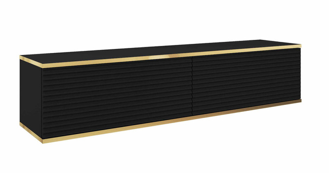 Meuble TV suspendu 135 cm SIMETO noir avec façade rainurée décorative